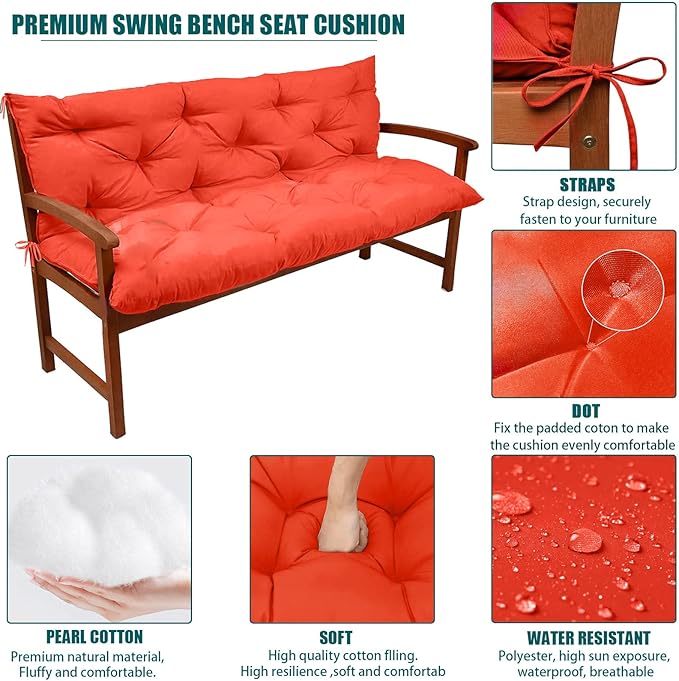 Swing Replacement Seat Cushions, 2-3 Seater Bench Cushions for Outdoor Furnitur with Backrest, Garden Recliner Seat Cushions Waterproof Sofa Pads (Orange, 71x40in)