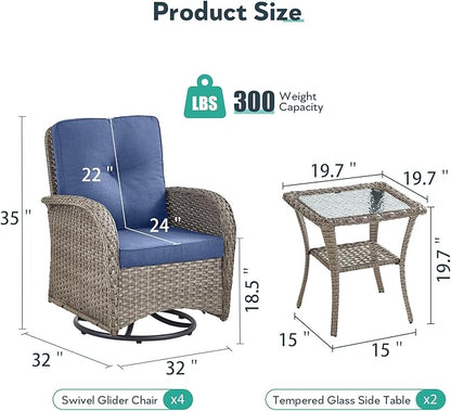 Outdoor Swivel Glider Rocker Chairs Set of 4 - Wicker Patio Furniture Set All Weather Patio Conversatio Sets with 2 Tempered Glass Side Table for Deck Backyard - Grey Wicker Blue Cushion