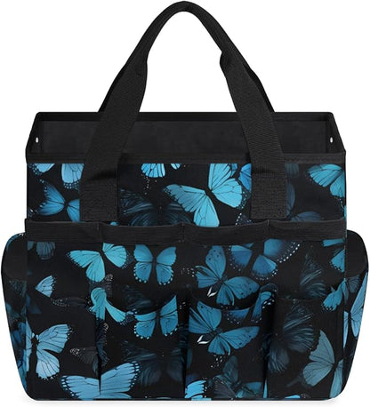 Butterfly Blue Gardening Tool Bag,Heavy Duty Garden Tote Bag,Portable Oxford Gardening Storage Basket Organizer Handbag with Pockets Handle,Hand Tools Gifts for Outdoor Garden Lawn Yard