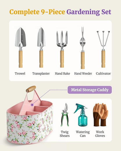 9-Piece Garden Tool Set, Heavy-Duty Rust-Resistant Stainless Steel Tools, Gardening Kit with Metal Garden Caddy, Ideal for Home Garden & Gifting (Pink)