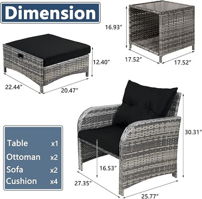 5 Pieces PE Wicker Outdoor Chairs with Ottoman, 5 PCS Rattan Patio Furniture Chairs with Pull Out Ottoman & Side Table for Porch Balcony Sunroom, Black