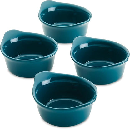 Rachael Ray Solid Glaze Ceramics Round Ramekins/Dipping Cup Set, 4 Piece, Teal