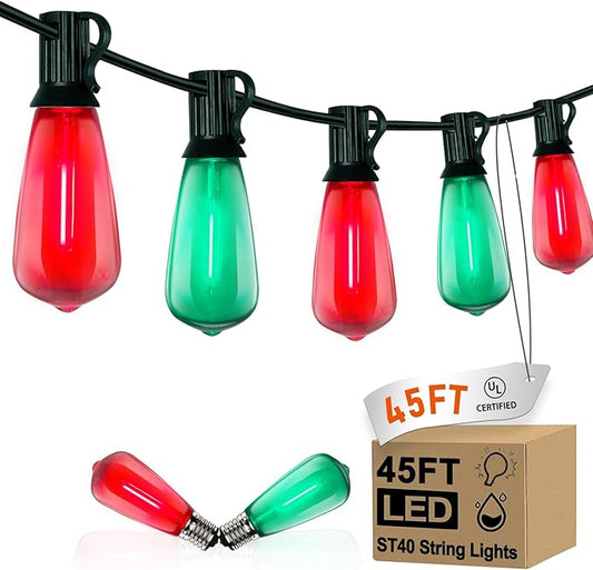 GOOTHY LED ST40 Red and Green Outdoor String Lights, 45FT Patio Lights Waterproof with 30 LED Red Green Shatterproof Bulbs, Hanging Outdoor Light for Home Party Backyard Garden Christmas Decorations