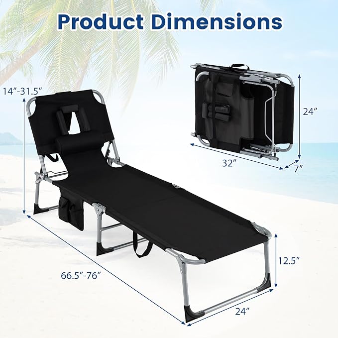 COSTWAY Tanning Chair with Face Hole, Folding Beach Lounge Chair | 4-Position Adjustable Backrest, Pillow & Side Pocket for Sunbathing, Camping (1, Black)