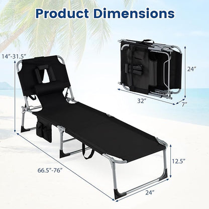 COSTWAY Tanning Chair with Face Hole, Folding Beach Lounge Chair | 4-Position Adjustable Backrest, Pillow & Side Pocket for Sunbathing, Camping (1, Black)
