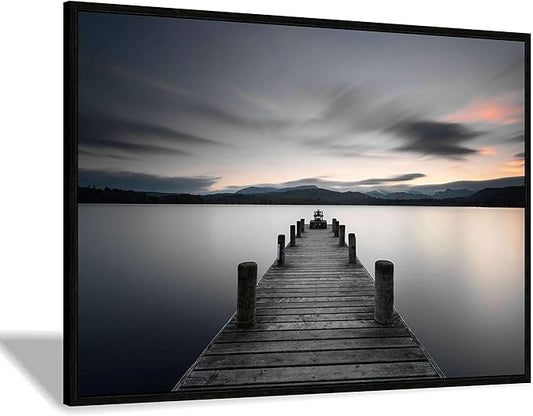 Canvas Wall Art Lake Pier: Vintage Wooden Dock in Calming Dawn Picture Painting Print with Deep Black Sturdy Framed for Living Room (45'' x 30'' x 1 Panel)