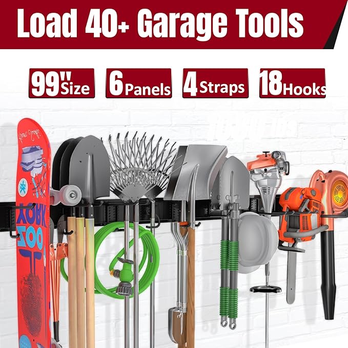99" Garage Tool Organizer Wall Mount, 28 Pack Heavy Duty Wall Mount Garage Storage Rack Carries1000 lbs, Metal Wall Mount Tool Hanger for Shovels, Rakes, Fits 16" Wall Studs (6 Panels)