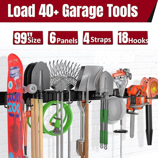 99" Garage Tool Organizer Wall Mount, 28 Pack Heavy Duty Wall Mount Garage Storage Rack Carries1000 lbs, Metal Wall Mount Tool Hanger for Shovels, Rakes, Fits 16" Wall Studs (6 Panels)
