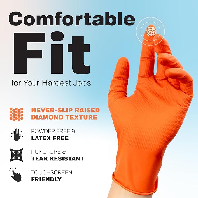 Raxwell Orange Nitrile Gloves 8.5 Mil - Powder-Free Puncture-Resistant Protection - Diamond-Texture Work Gloves with Grip