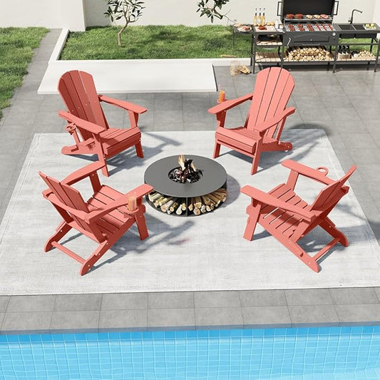Folding Adirondack Chairs with Cup Holders, Set of 4 HDPE Plastic Outdoor Chairs, Weather Resistant, Real Wood Look, Heavy-Duty Patio Furniture for Deck, Fire Pit, Backyard, Coral