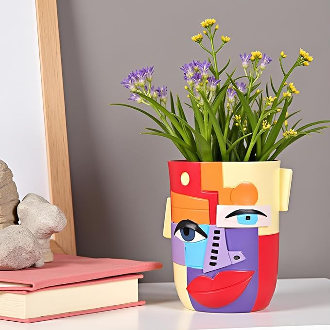XMGZQ Abstract Cubism Face Planter,Pop Art Sculpture & Vase Decor,Unique Picasso Style Flower Pot,for 4-6 Inch Succulents & Houseplants,Drainage Hole Included,Statement Gift (Mid-Century Modern)