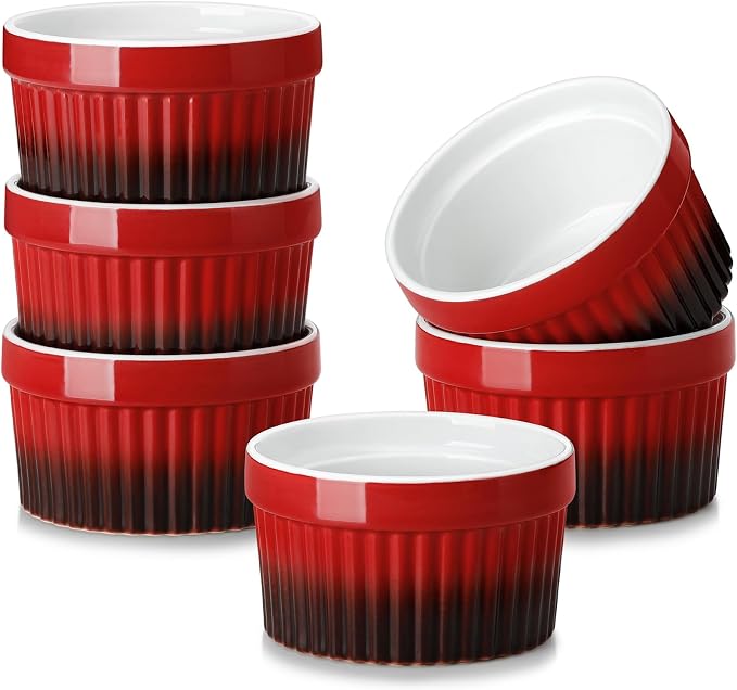 MALACASA Ramekins 4 oz Oven Safe, Small Ceramic Souffle Dishes for Creme Brulee Souffle, Stoneware Custard Cups Ramiken for Baking, Baking Bowls Dipping Sauce Dish Set of 6, Red, Series RAMEKIN-DISH