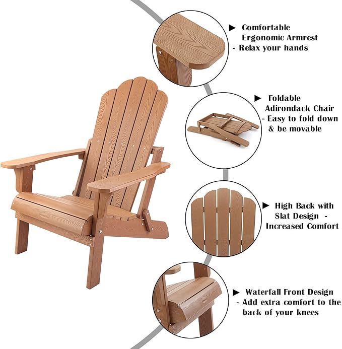 hOmeHua Folding Adirondack Chairs Set of 4, HIPS Foldable Adirondack Chairs Weather Resistant, Plastic Outdoor Chair for Patio, Backyard Deck, Fire Pit Lawn Porch (Wood Color)