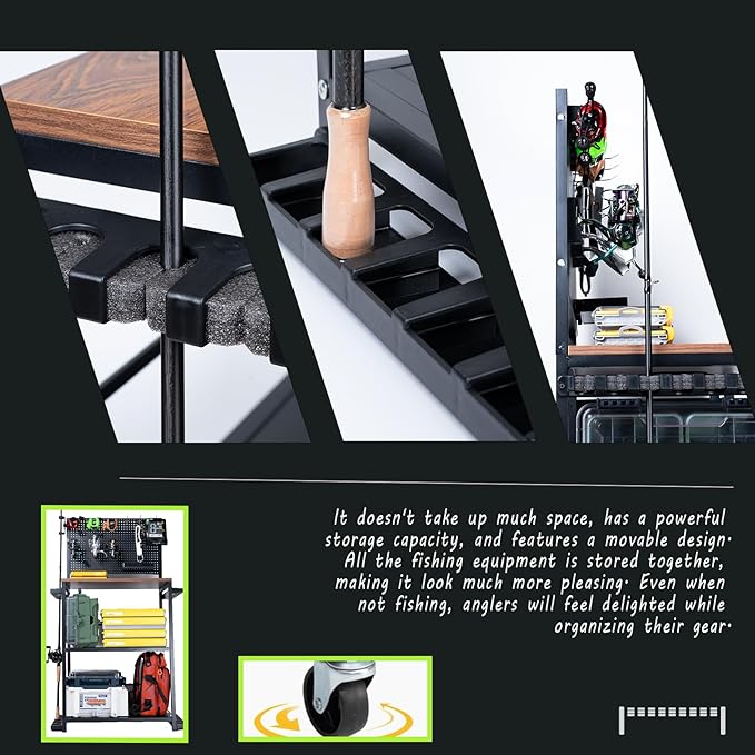 Fishing Rod Holders for Garage 3-Tier, Integrated structure extremely stable, Gear Storage for Up to 12 Rods with Hooks & Wheels, for Rod, Tackle Box, Reel Storage (6 hooks 1 trays 4 wheels)