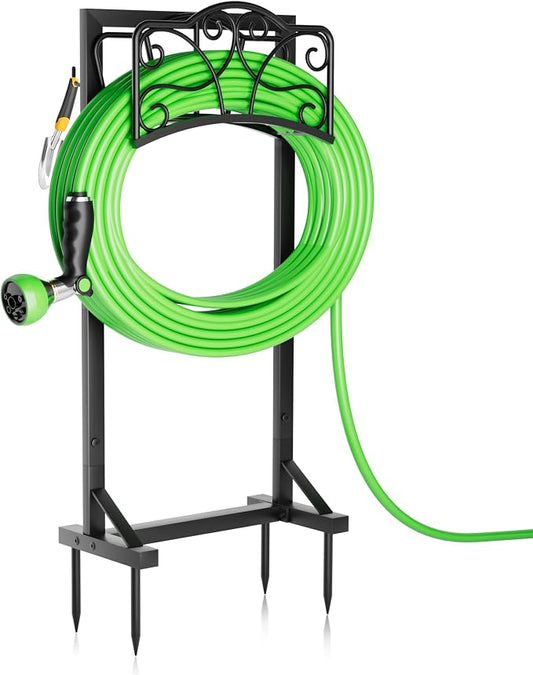 Heavy-Duty Garden Hose Holder with Tool Hooks and Stable Base, Metal Hose Hanger Garden Hose Storage Holds 160Ft, Rustproof Freestanding Water Hose Holder for Outside, Yard, Lawn, Farm