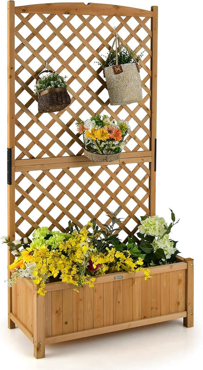 Giantex Planter Raised Bed with Trellis, 71" Wooden Garden Bed, High Trellis for Vine Plant Flower Climbing Pot Hanging, Indoor & Outdoor Planter Box for Yard, Garden, Balcony