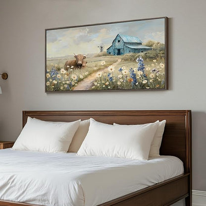 Framed Large Barn Farmhouse Canvas Wall Art for Living Room, Highland Cow Windmill Wildflower Pictures Wall Art Decor for Bedroom Vintage Landscape Floral Painting Artwork Prints for Living Room 24x48