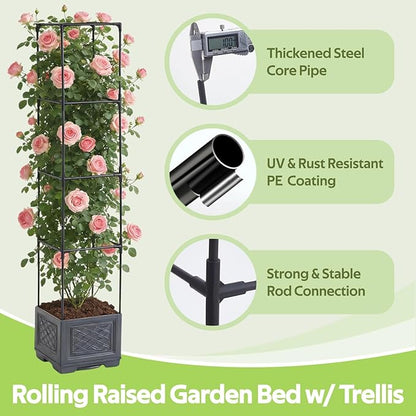 Tomato Planter Box with Trellis - Self-Watering Rolling Raised Garden Bed with Tomato Cages for Climbing Plants - Tomato Pots with Cage Plant Support for Flower Vegetable Vine Indoor Outdoor