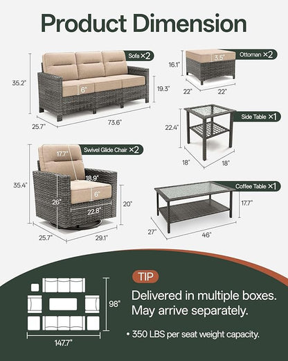Luxury 8-Piece Patio Furniture Set with 6-Inch Thick Cushions, Outdoor Couch and Swivel Rocker Chairs, Wicker Conversation Set for Porch, Deck, Yard, Pool in Beige