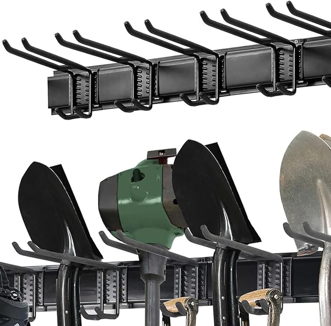 Wall Mount Tool Storage Rack, Heavy Duty Garage Storage Tool Organizer, Garden Tool Wall Hooks and Hangers, Hold Up to 350lbs Black (48inch)