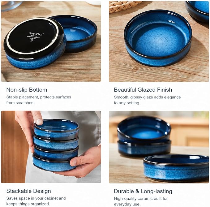 ONEMORE 4 oz Ramekins Oven Safe, Ceramic Ramekins for Creme Brulee, Custard, Pudding, Souffle, Blue Shallow Ramekin Dishes, Small Porcelain Ramekin Set of 6 for Baking & Serving