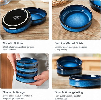 ONEMORE 4 oz Ramekins Oven Safe, Ceramic Ramekins for Creme Brulee, Custard, Pudding, Souffle, Blue Shallow Ramekin Dishes, Small Porcelain Ramekin Set of 6 for Baking & Serving