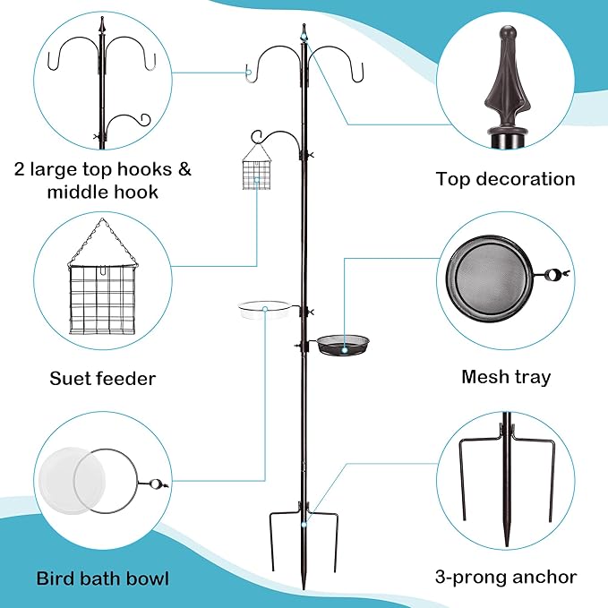 YINGYM Bird Feeder Stand Pole,77 Inch Feeding Station Kit for Outside, Wild Bird Feeder Hanging Kit with Metal Suet, Bird Bath and Mesh Tray, 3-Prong Base
