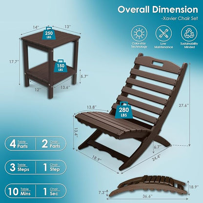 GREENVINES 3 Pieces Patio Furniture Set | Outdoor Bistro Sets for 2 | HDPE Wood Grain | Folding-Adirondack-Chairs-with-Side-Table | All Weather | Xavier Chair | for Porch Deck Poolside | Dark Brown