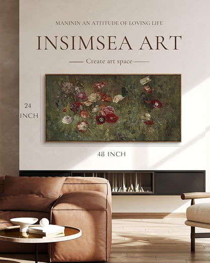 InSimSea Extra Large Framed Vintage Wall Art, Living Room Country Farmhouse Decor, Flowers Botanical Paintings, Canvas Prints, Retro Floral Long Picture for Bedroom Above of Bed,24x48inch