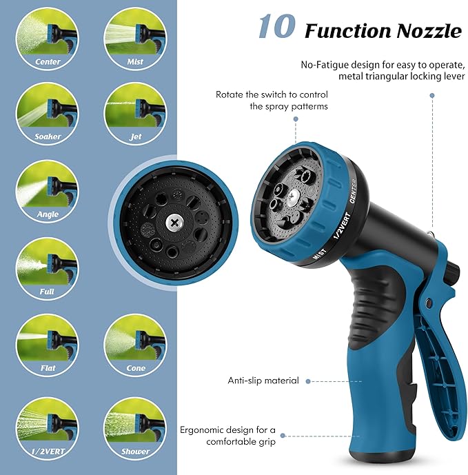 Garden Hose 50FT, Water Hose with 10 Function Nozzle, Garden Hose with Leak-proof Connectors, No-Kink, Lightweight, Puncture-proof,550PSI, Hose for Outdoor, Yard