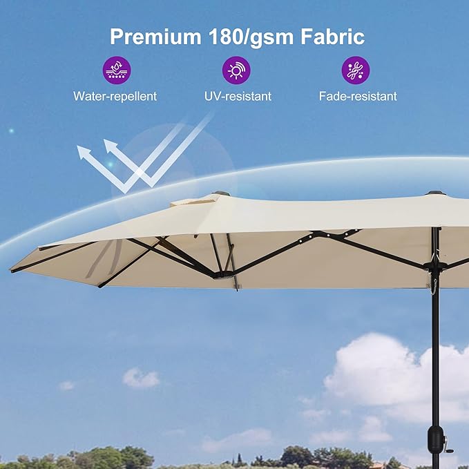 PURPLE LEAF 15ft Patio Market Umbrella with Base Double-Sided Rectangle Outdoor Table Sun Umbrellas with Crank 12 Heavy Duty Sturdy Ribs for Pool Beach Deck Backyard Khaki