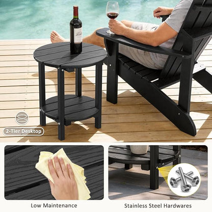 2 Tier Round Outdoor Side Table with Wood-Like Grain, HDPE Adirondack Table Patio Side Table, Weather Resistant End Table for Pool, Patio & Porch, Small Outdoor Table(Black, Round)