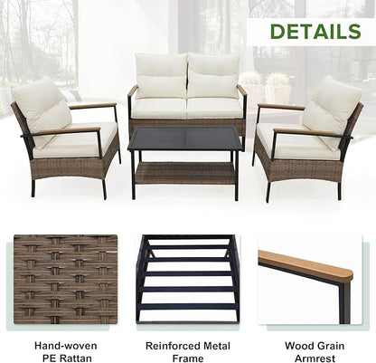 EAGLE PEAK 4 Piece Mojave Dusk Outdoor Conversation Set, Patio Wicker Furniture, Loveseat, 2 Patio Chairs and Coffee Table, Brown/Beige