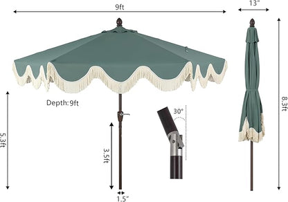 JONATHAN Y UMB1001 Collins 9 ft. Classic Cottage Tassel Market Patio Umbrella with Auto-Tilt, Crank, Wind Vent and UV Protection