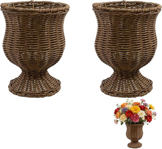 8 Inch Goblet Planter, Woven Rattan Look Resin Flower Pot with Sturdy Metal Frame, Decorative Indoor Outdoor Plant Pot, Rustic Brown Garden Container, for Flowers Herbs Patio Balcony Decor (2PC)