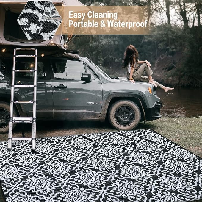 HUGEAR Outdoor Rug for Patios Clearance,Waterproof Mat,Large Outside Carpet,Reversible Plastic Straw Camping Rugs,Rv,Porch,Deck,Camper,Balcony,Backyard (5x8,Danica/Black&White)
