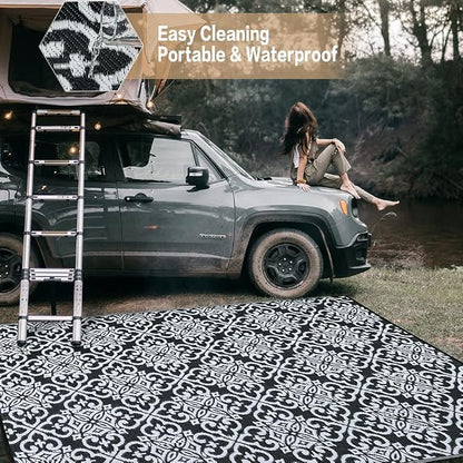 HUGEAR Outdoor Rug for Patios Clearance,Waterproof Mat,Large Outside Carpet,Reversible Plastic Straw Camping Rugs,Rv,Porch,Deck,Camper,Balcony,Backyard (5x8,Danica/Black&White)