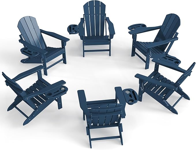 Adirondack Chair Set of 6, HDPE Folding Adirondack Chair with Multifunctional Cup Holder, Weather Resistant Fire Pit Chair for porches, patios, poolsides, Decks.