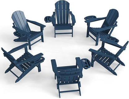 Adirondack Chair Set of 6, HDPE Folding Adirondack Chair with Multifunctional Cup Holder, Weather Resistant Fire Pit Chair for porches, patios, poolsides, Decks.