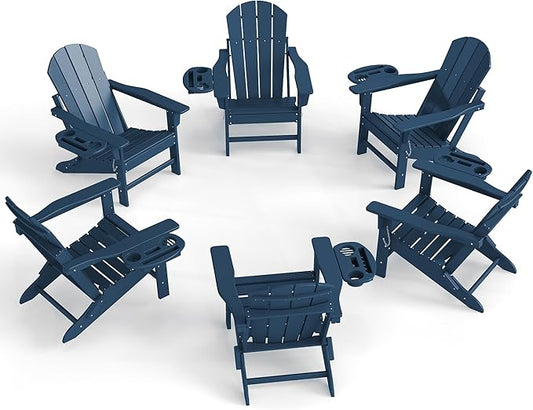 Adirondack Chair Set of 6, HDPE Folding Adirondack Chair with Multifunctional Cup Holder, Weather Resistant Fire Pit Chair for porches, patios, poolsides, Decks.
