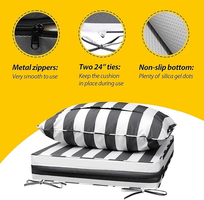 AAAAAcessories Outdoor Seat Cushions for Chairs, Fade-Resistant, Waterproof Patio Furniture Replacement Cushions, 23.5" x 25.5" x 5" + 23.5" x 19", Gray Cabana Stripe