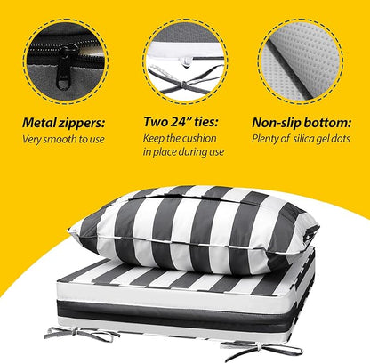 AAAAAcessories Outdoor Seat Cushions for Chairs, Fade-Resistant, Waterproof Patio Furniture Replacement Cushions, 23.5" x 25.5" x 5" + 23.5" x 19", Gray Cabana Stripe
