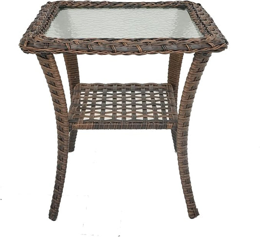 HUMMUH Patio Side Table Outdoor PE Wicker,Rattan End Table Glass Top Coffee Table with Storage Brown