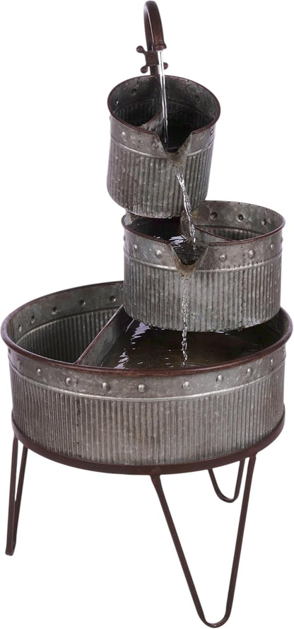 Alpine Corporation YHL684 33" Outdoor Floor 3-Tier Vintage Tubs and Planters Fountain, Rustic Metal Cascading Waterfall Feature for Gardens, Patios, and Yards, Silver