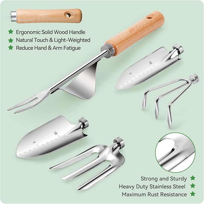 Gardening Tools 9-Piece Heavy Duty Garden Hand Tools with Fashion and Durable Garden Tools Organizer Handbag, Rust-Proof Garden Tool Set, Ideal Gardening Gifts for Women