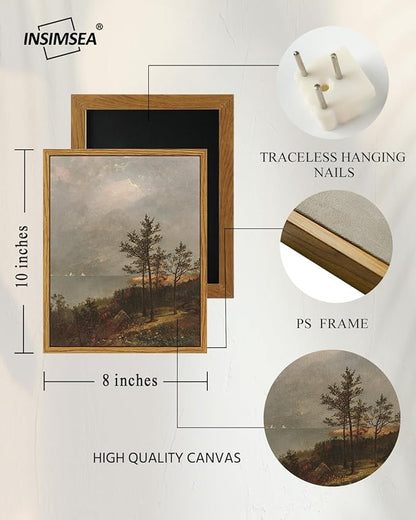 InSimSea Framed Canvas Wall Art, Vintage Lakeside Landscape Painting, Rustic Nature Scenery Decor for Living Room Shelf Hallway,10x8in, Neutral Tones