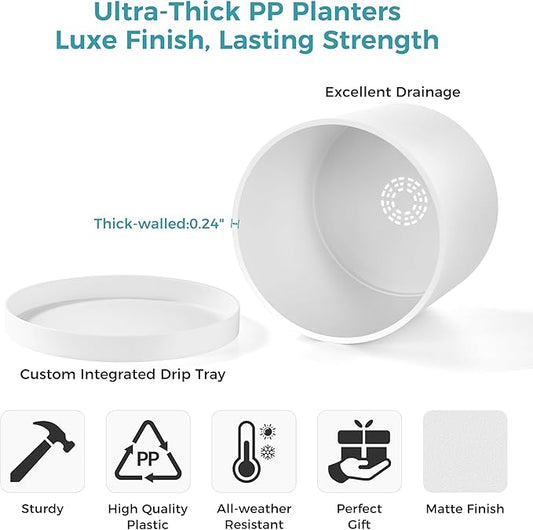 FaithLand 8-Inch Modern Cylinder Planter, Thick-Walled Plastic Plant Pot with Drainage Holes and Detachable Saucer, Matte White, Ideal for Indoor & Outdoor Plants Flowers
