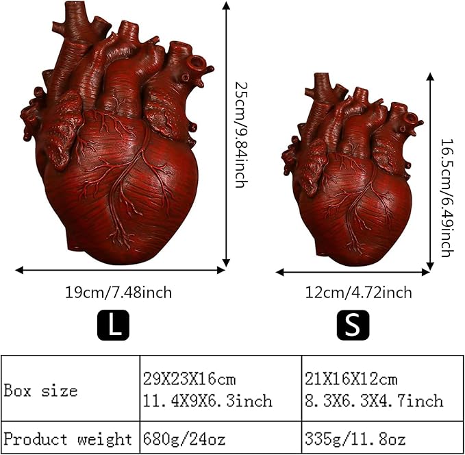 Resin Vase Planter, Decorative Heart Vase - Anatomical Heart Tabletop Decorative Craft, Farmhouse Living Room Bedroom Countertop (Red,Small)