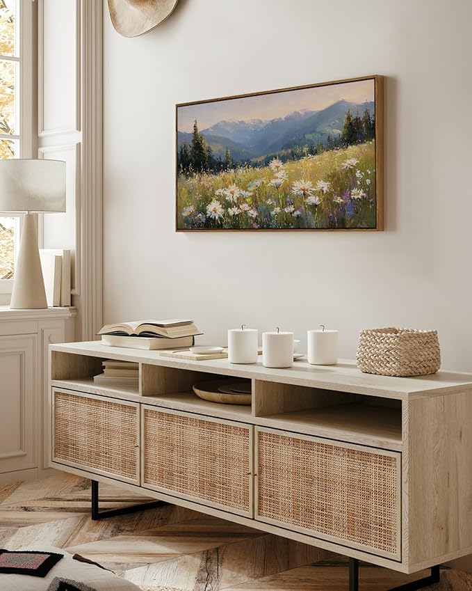 InSimSea Extra Large Framed Vintage Wall Art, Living Room Country Farmhouse Decor, Alpine Meadow Wildflowers Landscape Canvas Prints, Scenery Long Picture for Bedroom Above of Bed,20x40inch