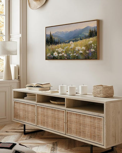 InSimSea Extra Large Framed Vintage Wall Art, Living Room Country Farmhouse Decor, Alpine Meadow Wildflowers Landscape Canvas Prints, Scenery Long Picture for Bedroom Above of Bed,20x40inch